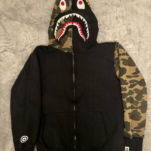 BAPE-inspired Shark Zip-Up Hoodie - Black with Camo Sleeve